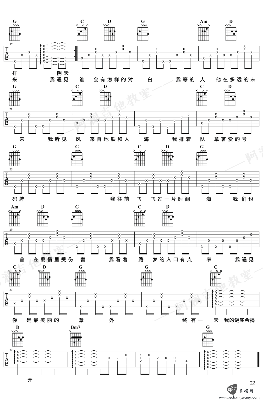 遇见吉他谱_孙燕姿_G调弹唱谱__遇见_视频教学