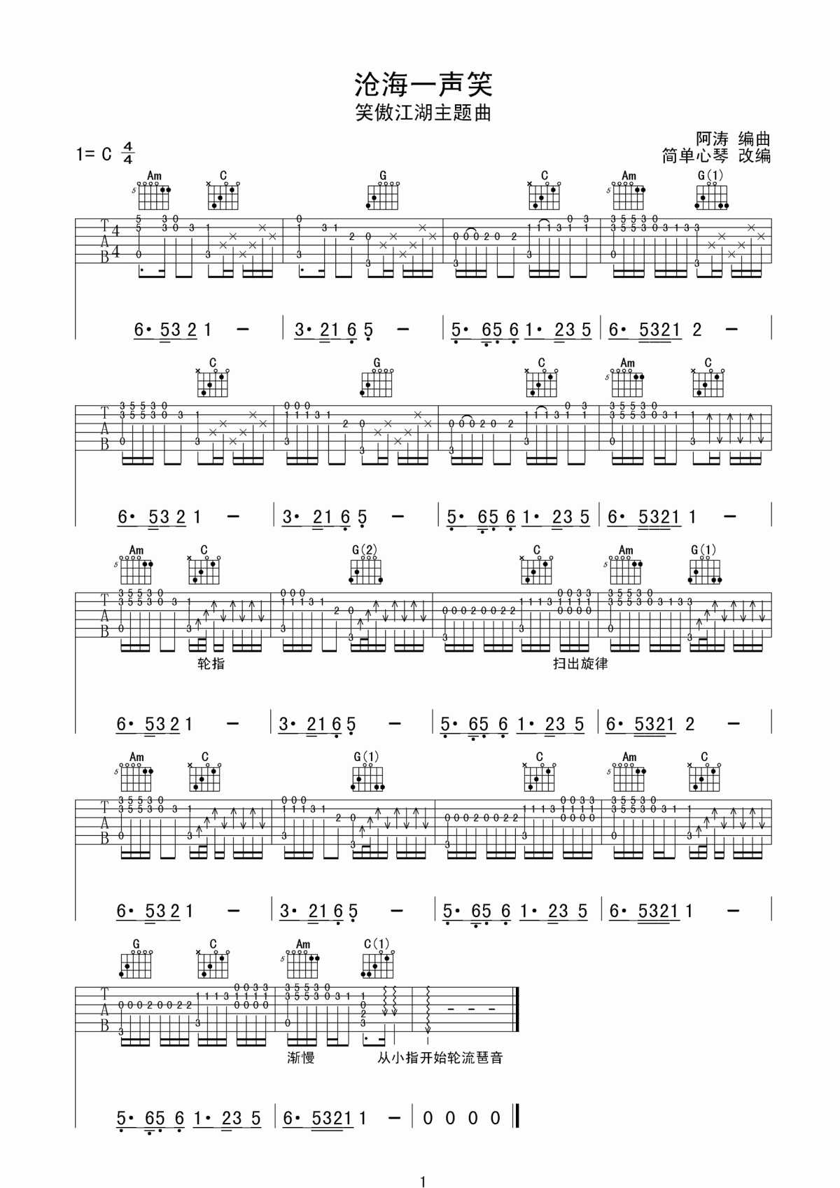 沧海一声笑_指弹版吉他谱_许冠杰