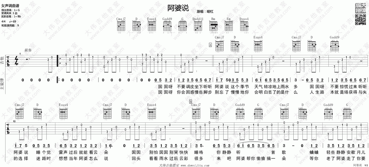 阿婆说_G调吉他谱_陈一发儿