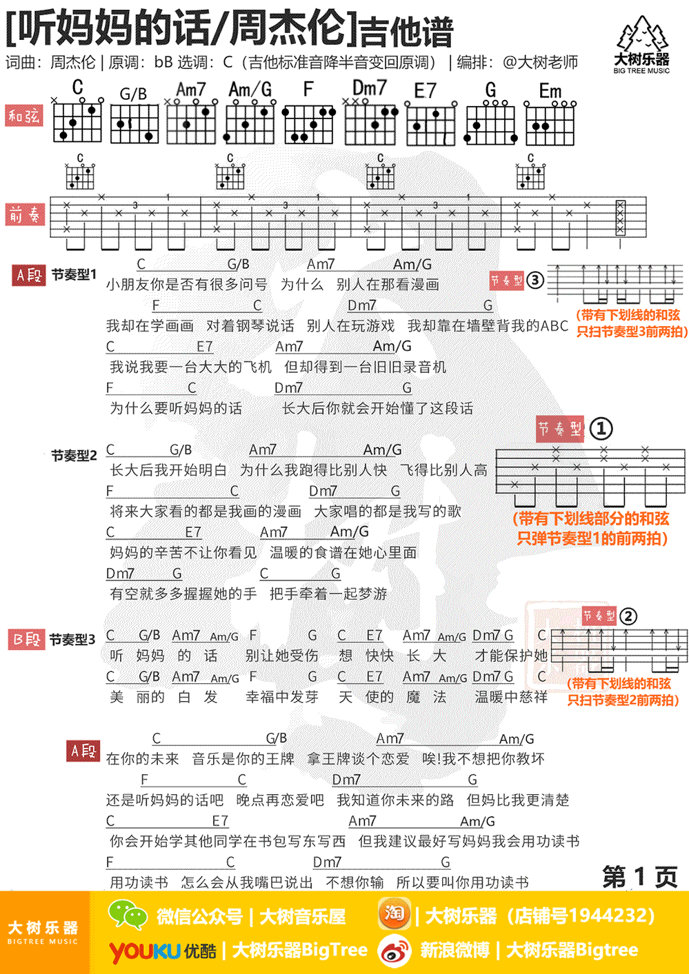 _听妈妈的话_吉他谱_周杰伦_C调六线谱_吉他弹唱教学