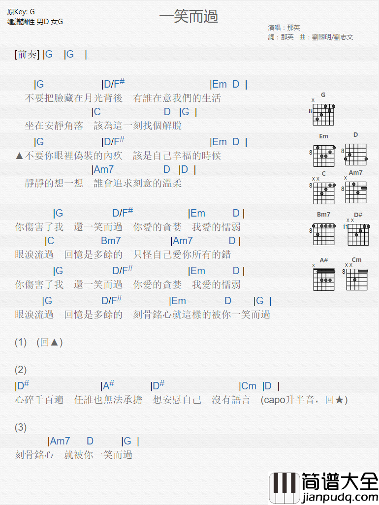 一笑而过_吉他谱_那英
