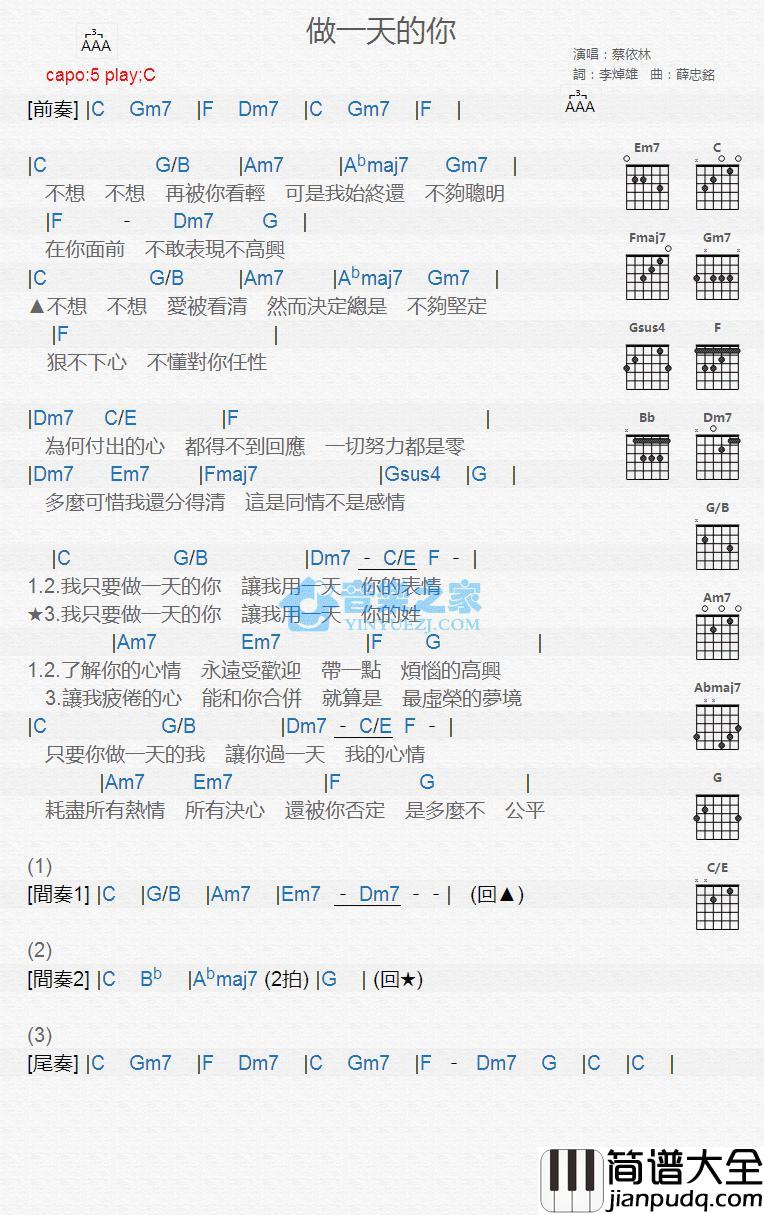 做一天的你吉他谱_C调版_蔡依林