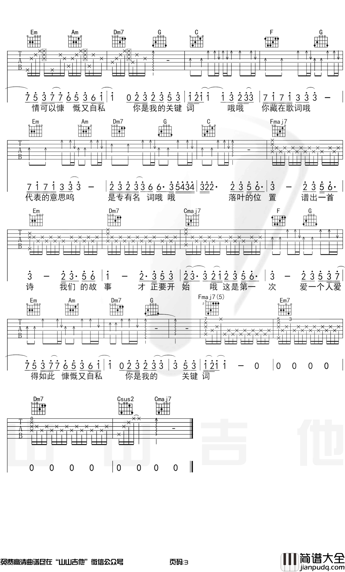 关键词吉他谱_林俊杰_C调原版_吉他教学演示视频
