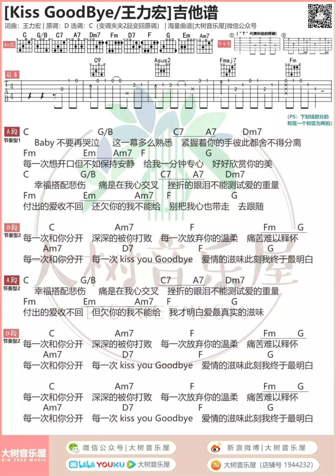 Kiss_Goodbye吉他谱_C调和弦谱_王力宏