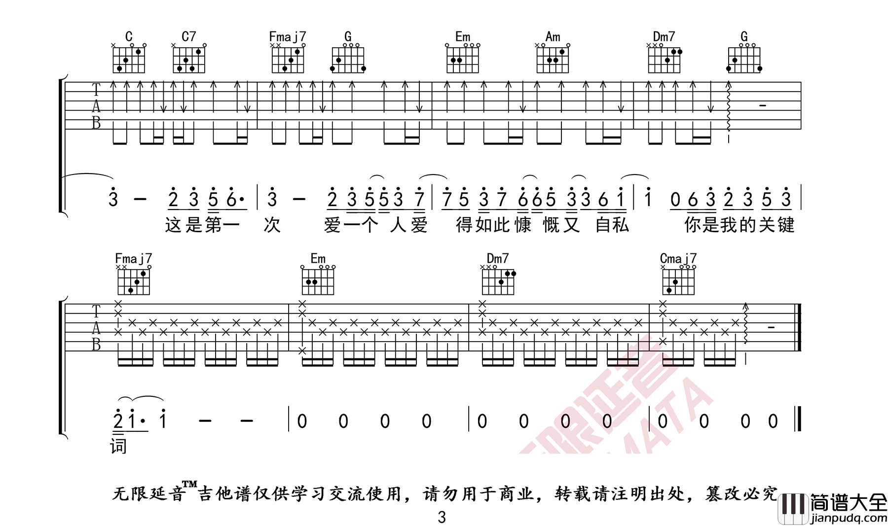 _关键词_吉他谱_林俊杰_C调原版弹唱六线谱_高清图片谱