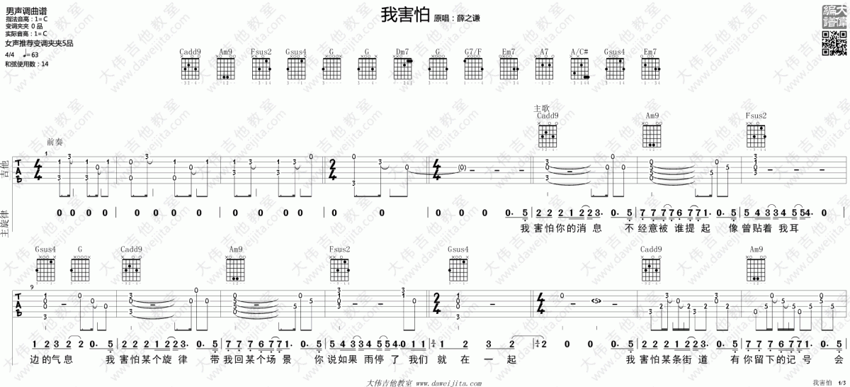 我害怕图片吉他谱C调薛之谦
