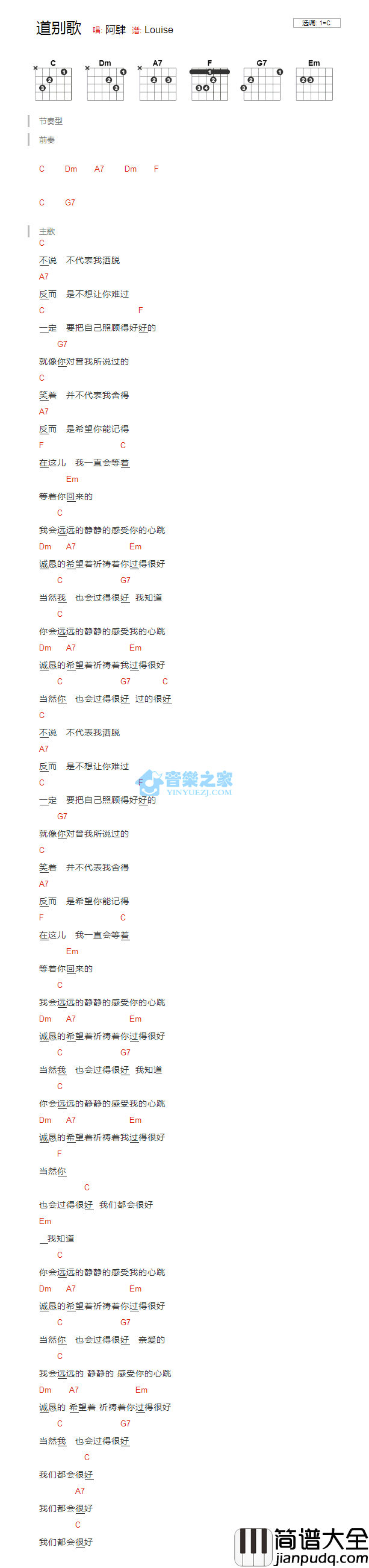 道别歌_吉他谱_C调版_阿肆