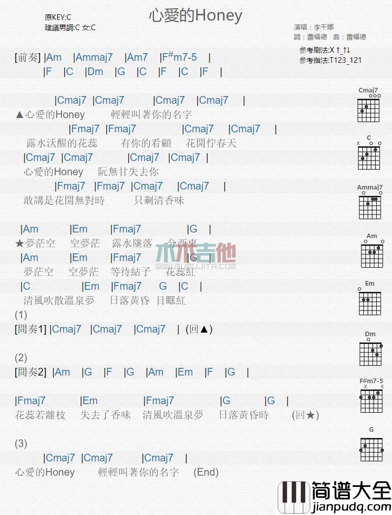 心爱的Honey_吉他谱_李千娜