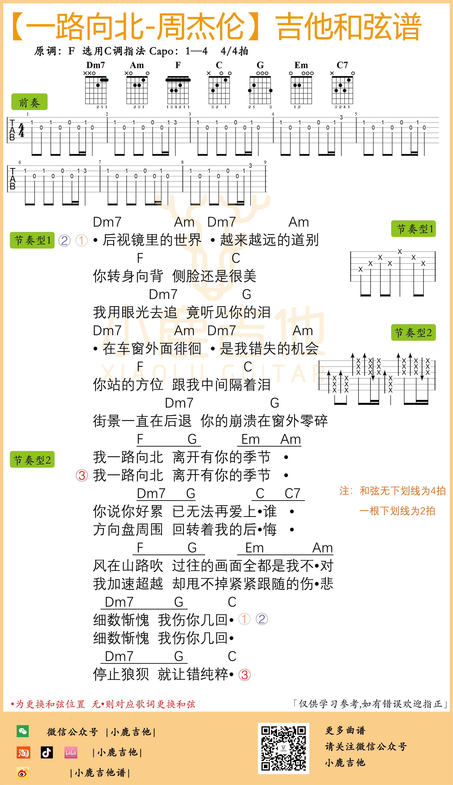 周杰伦一路向北吉他谱原版前奏(小鹿吉他)