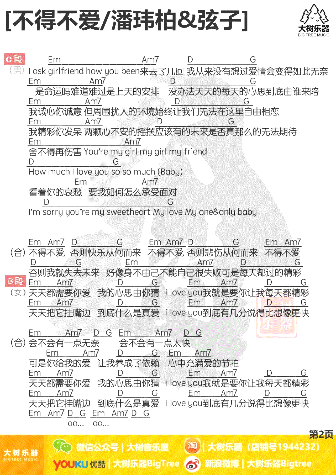 不得不爱吉他谱_潘玮柏&弦子_C调和弦_吉他教学视频