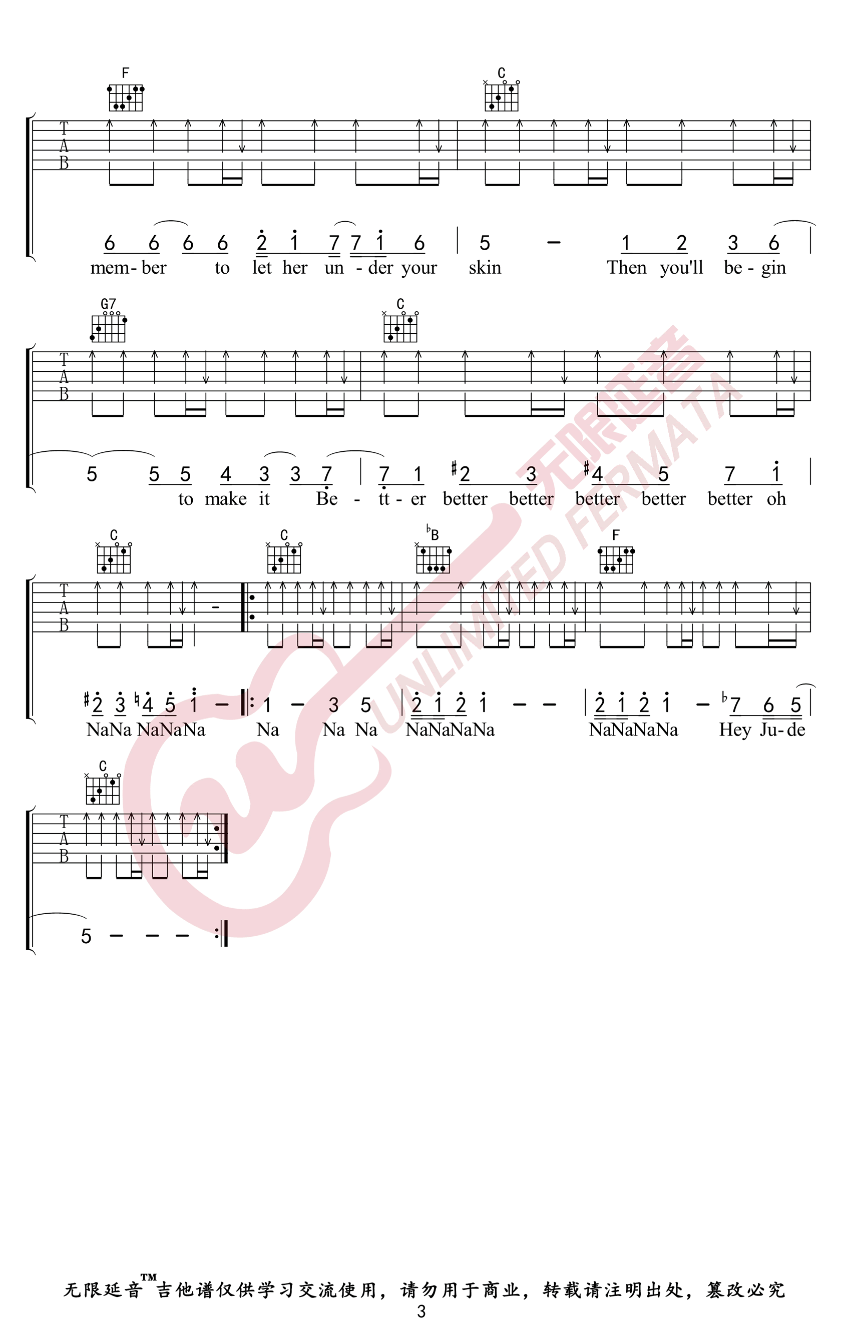 Hey_Jude吉他谱_The_Beatles__Hey_Jude_C调弹唱六线谱