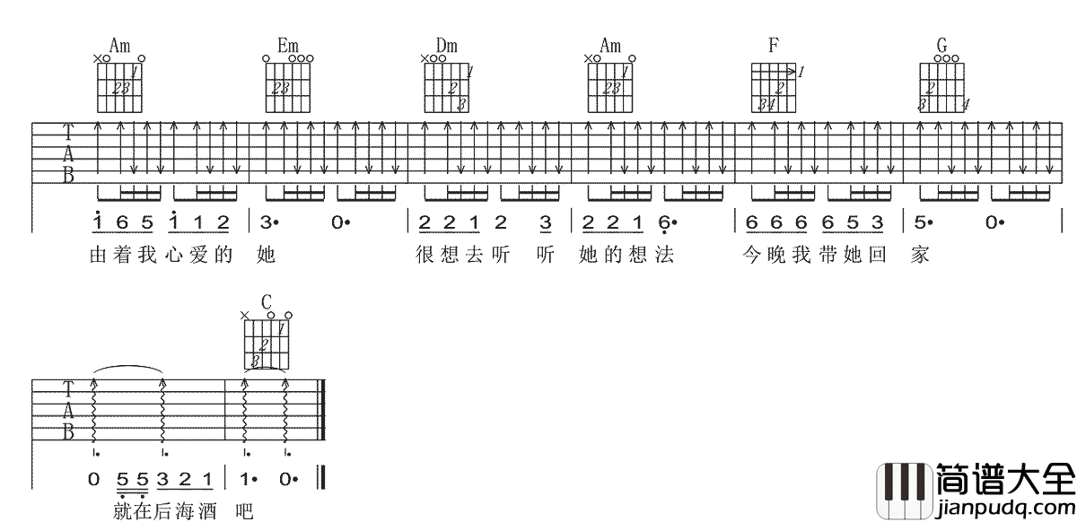 _后海酒吧_吉他谱_陈玉建_C调原版弹唱六线谱