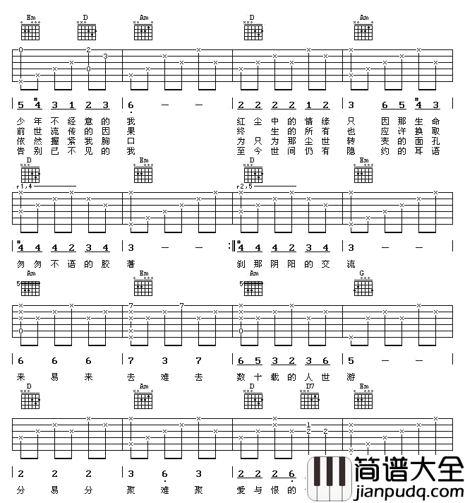 滚滚红尘吉他谱_A调六线谱_简单版_陈淑桦