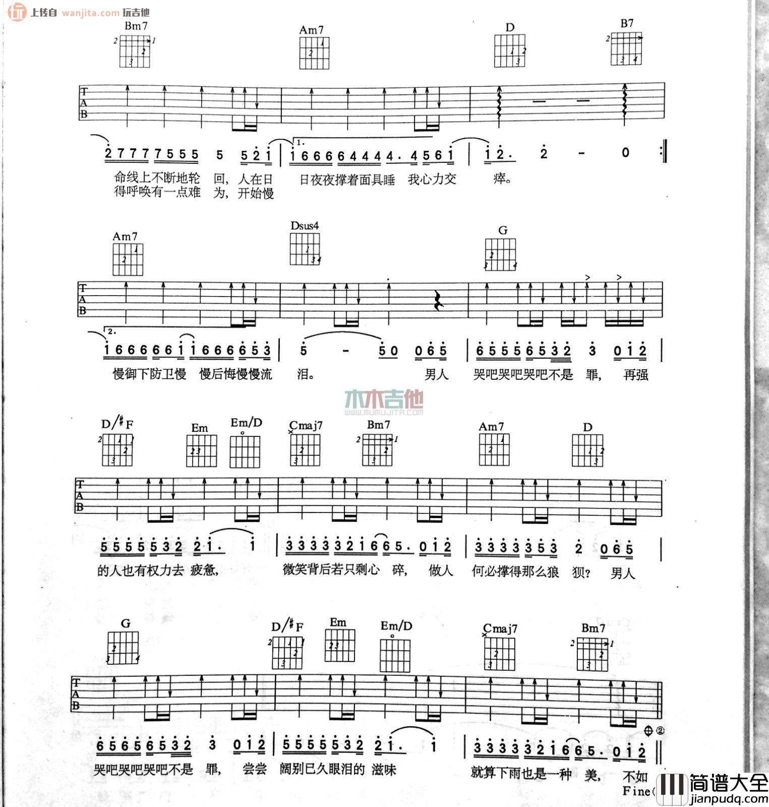 男人哭吧不是罪吉他谱_刘德华_G调原版吉他弹唱谱 男人哭吧不是罪吉他谱_刘德华_G调原版吉他弹唱谱