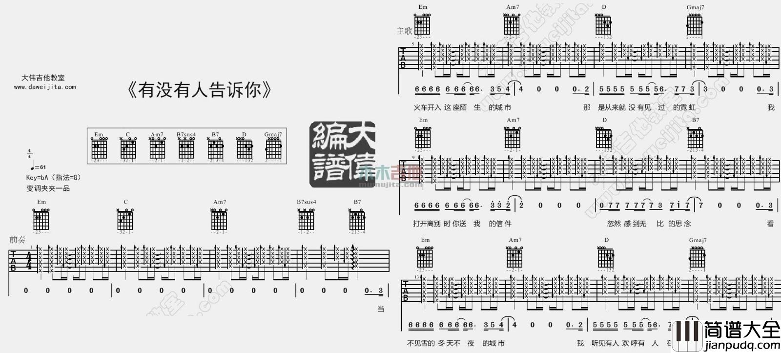有没有人告诉你吉他谱_陈楚生_G调原版六线谱_吉他弹唱谱 有没有人告诉你吉他谱_陈楚生_G调原版六线谱_吉他弹唱谱