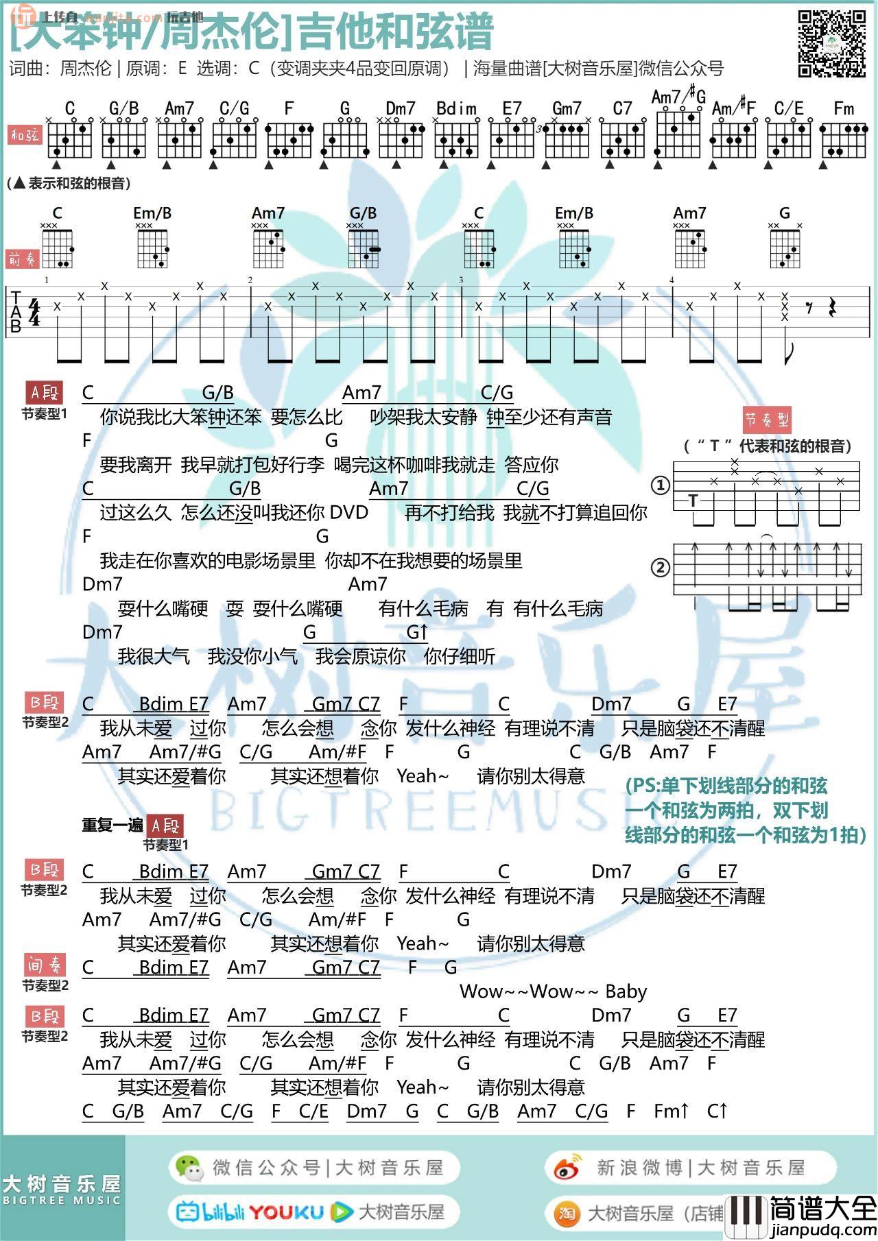 大笨钟吉他谱_C调弹唱六线谱_视频弹唱教学_周杰伦 大笨钟吉他谱_C调弹唱六线谱_视频弹唱教学_周杰伦