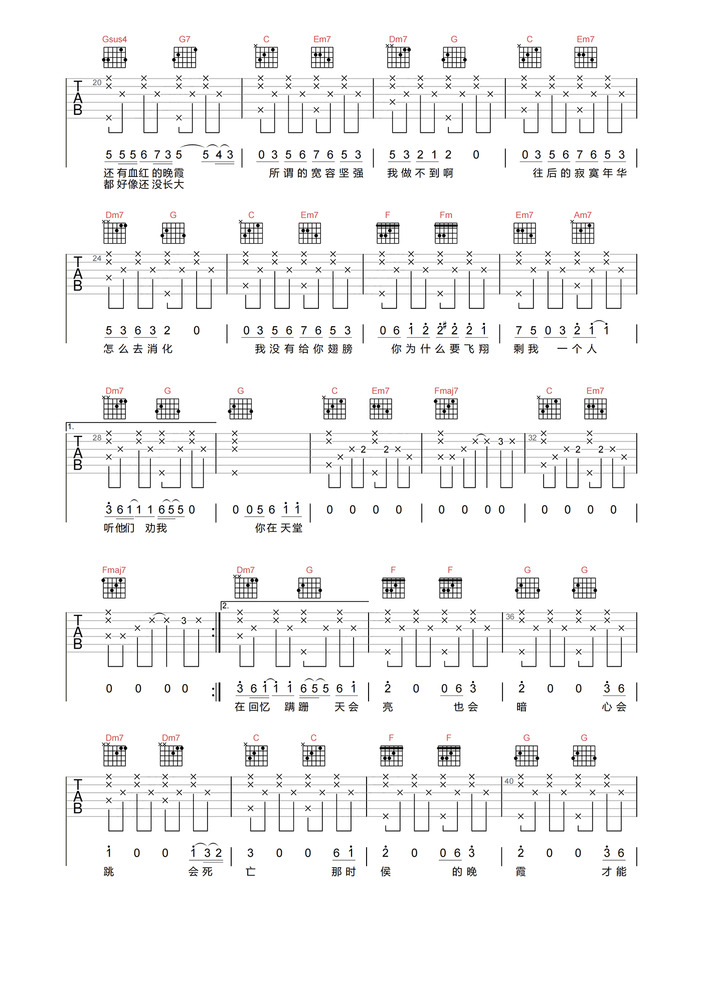 林宥嘉_早开的晚霞_吉他谱_C调高清原版弹唱谱
