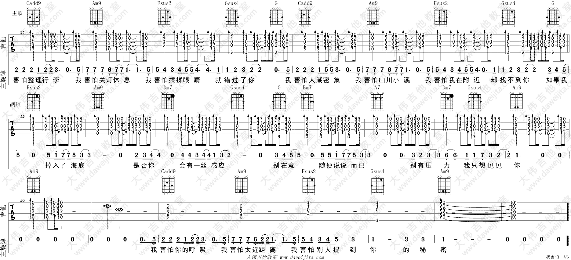 我害怕吉他谱_C调精选版_大伟吉他教室编配_薛之谦