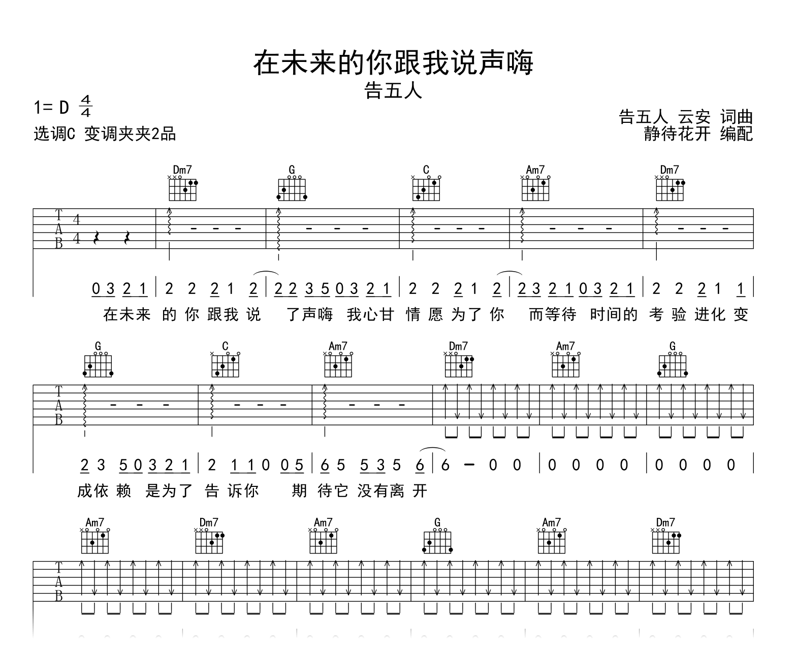 在未来的你跟我说声嗨吉他谱_告五人_C调弹唱六线谱
