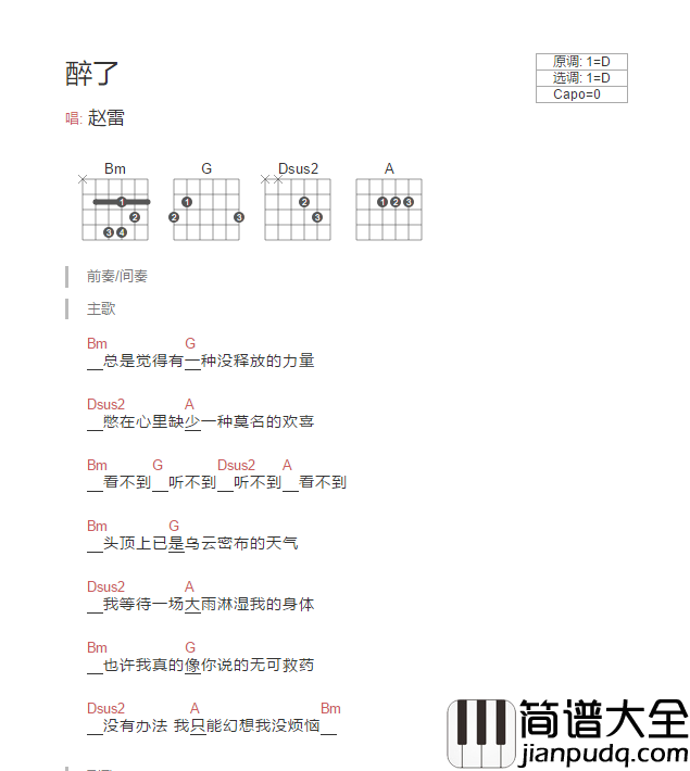 醉了吉他谱_D调和弦谱_简单版_赵雷