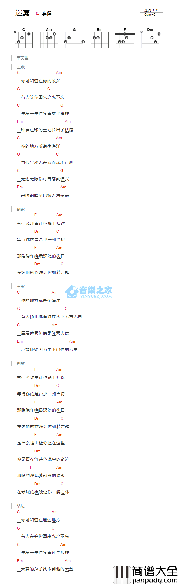 迷雾吉他谱_C调和弦谱_音乐之家编配_李健