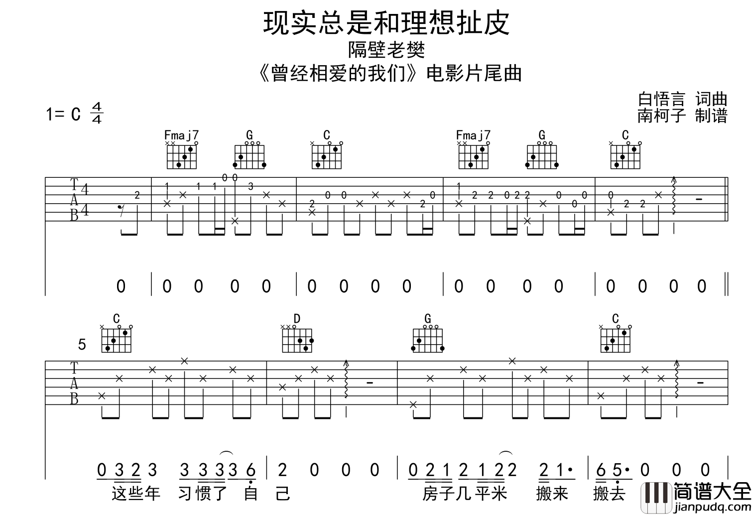 现实总是和理想扯皮吉他谱_隔壁老樊_C调吉他六线谱