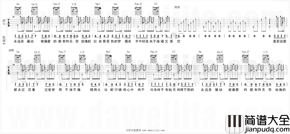 白玫瑰吉他谱_C调精选版_大伟吉他教室编配_陈奕迅