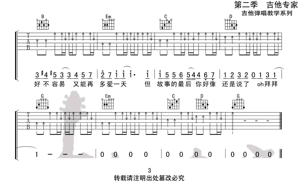 晴天吉他谱_周杰伦_G调指法简单版