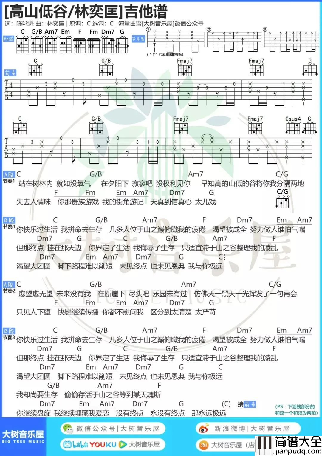 林奕匡_高山低谷_吉他谱_C调超原版编配_弹唱示范