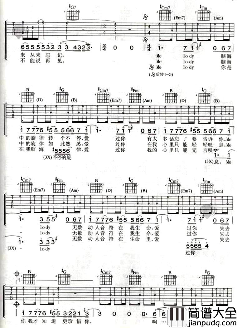 melody吉他谱_G调六线谱_小巧玲珑吉他编配_陶喆