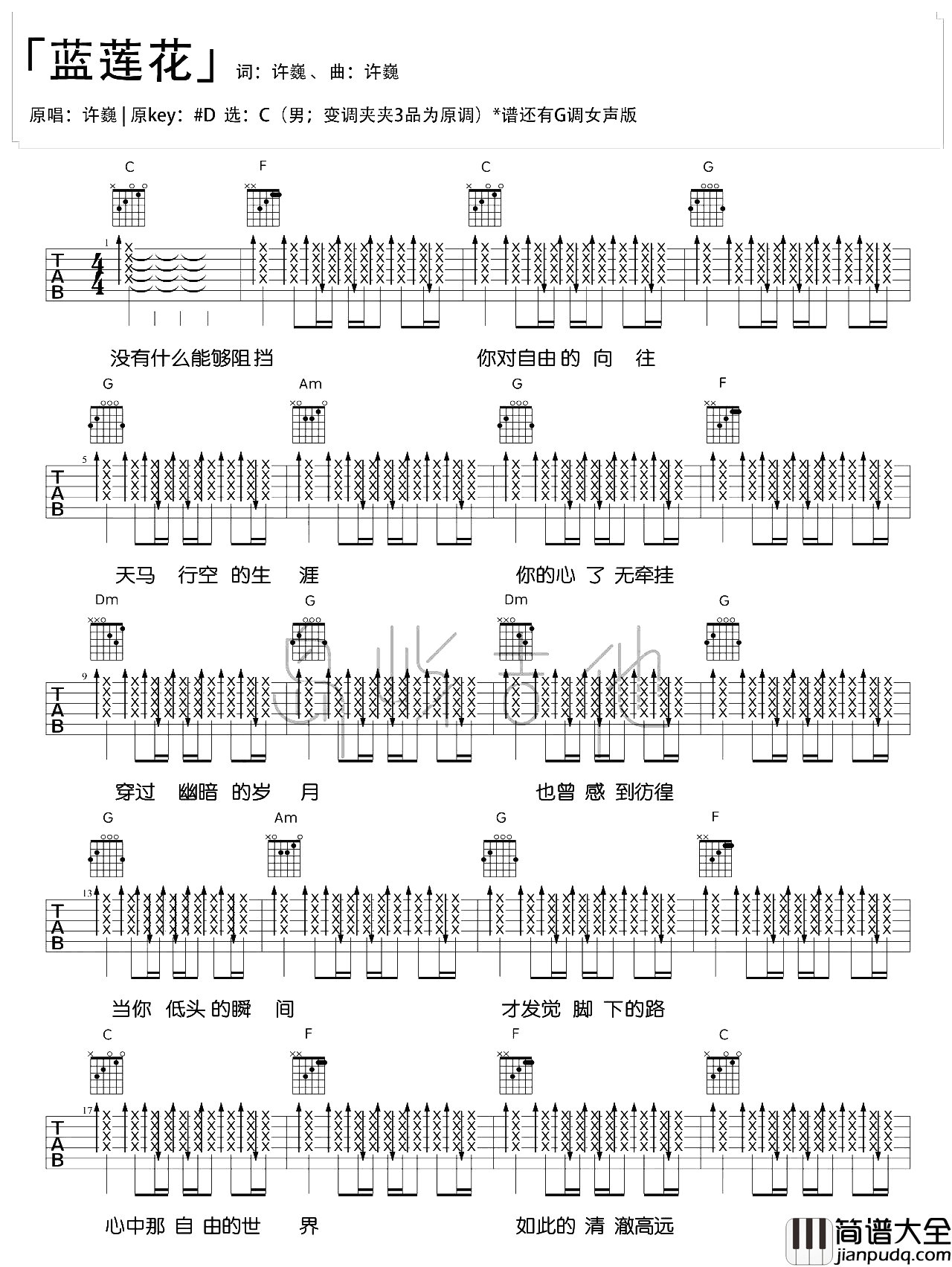许巍_蓝莲花_吉他谱__蓝莲花_C调原版六线谱