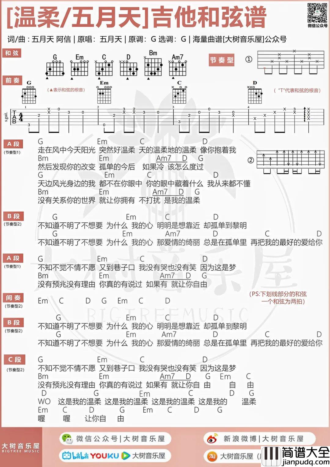 温柔吉他谱_五月天_G调原版六线谱/和弦谱_吉他弹唱教学