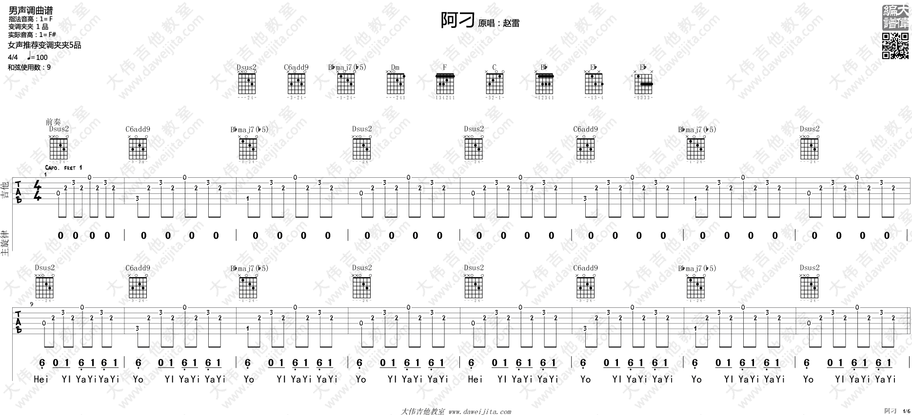 阿刁吉他谱_张韶涵/赵雷_F调原版编配