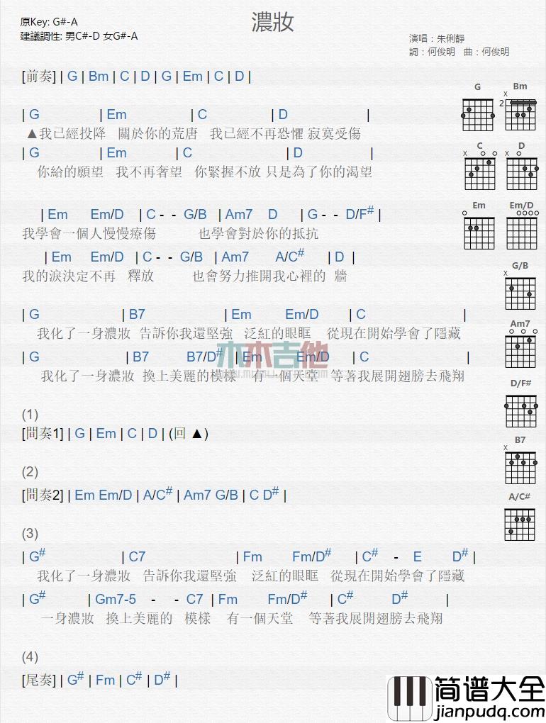 朱俐静_浓妆_吉他谱_Guitar_Music_Score